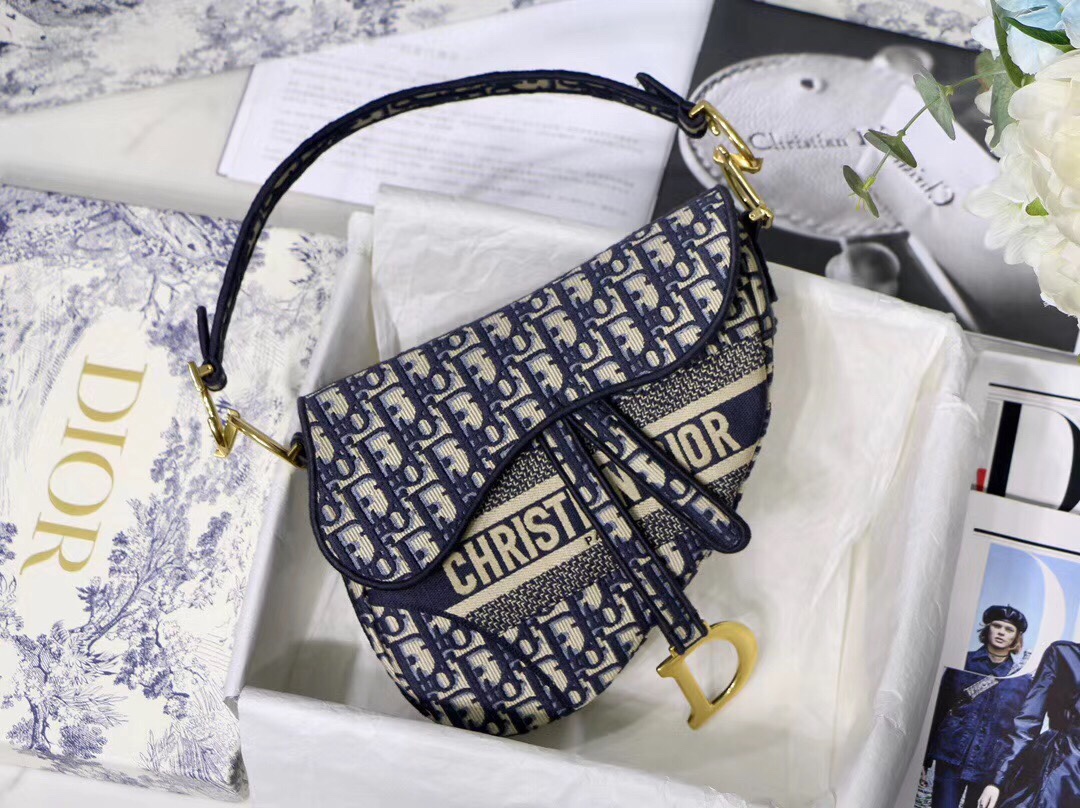 Saddle Bag Blue Dior Oblique Embroidery